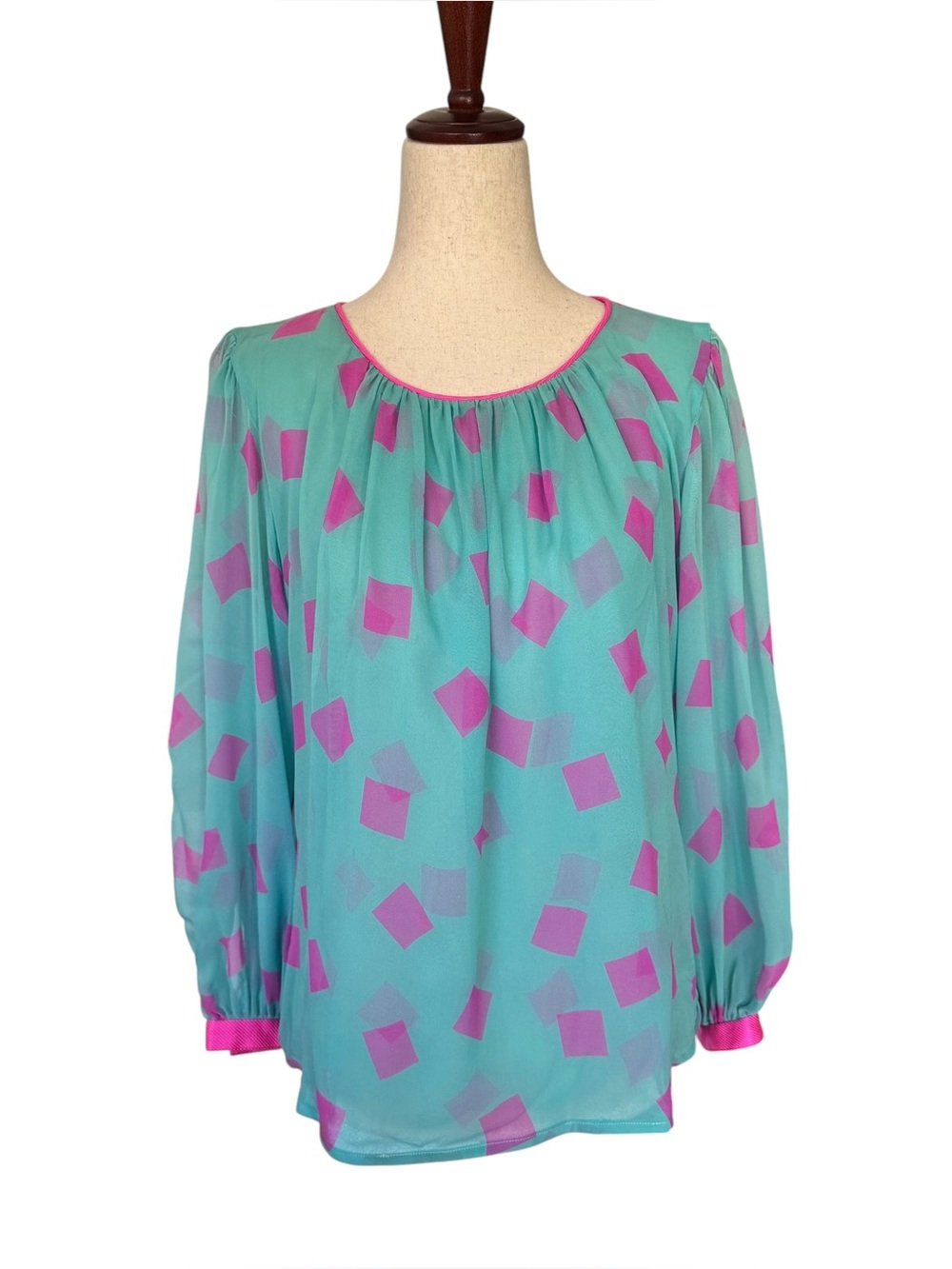 Vintage 80s Flora Kung Silk Aqua & Pink Geometric Long-Sleeve Blouse XS